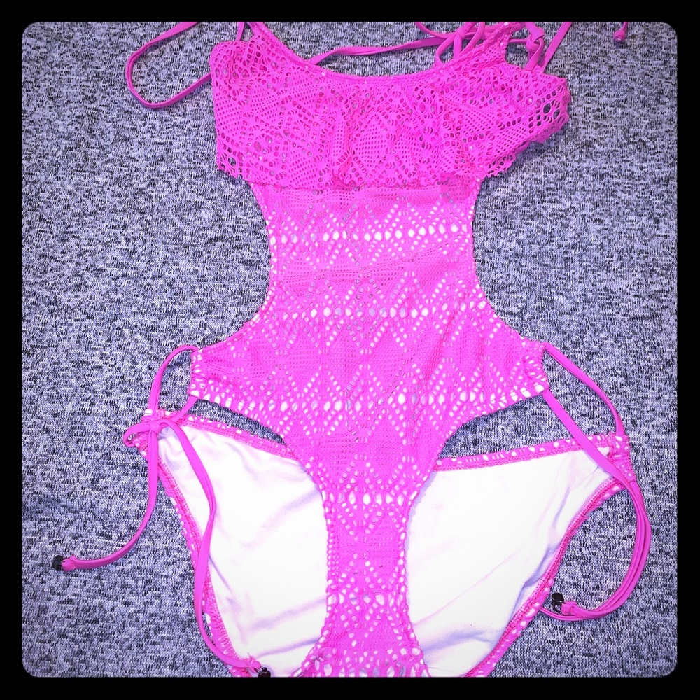 Pink one piece bathing suit side cut outs bikini